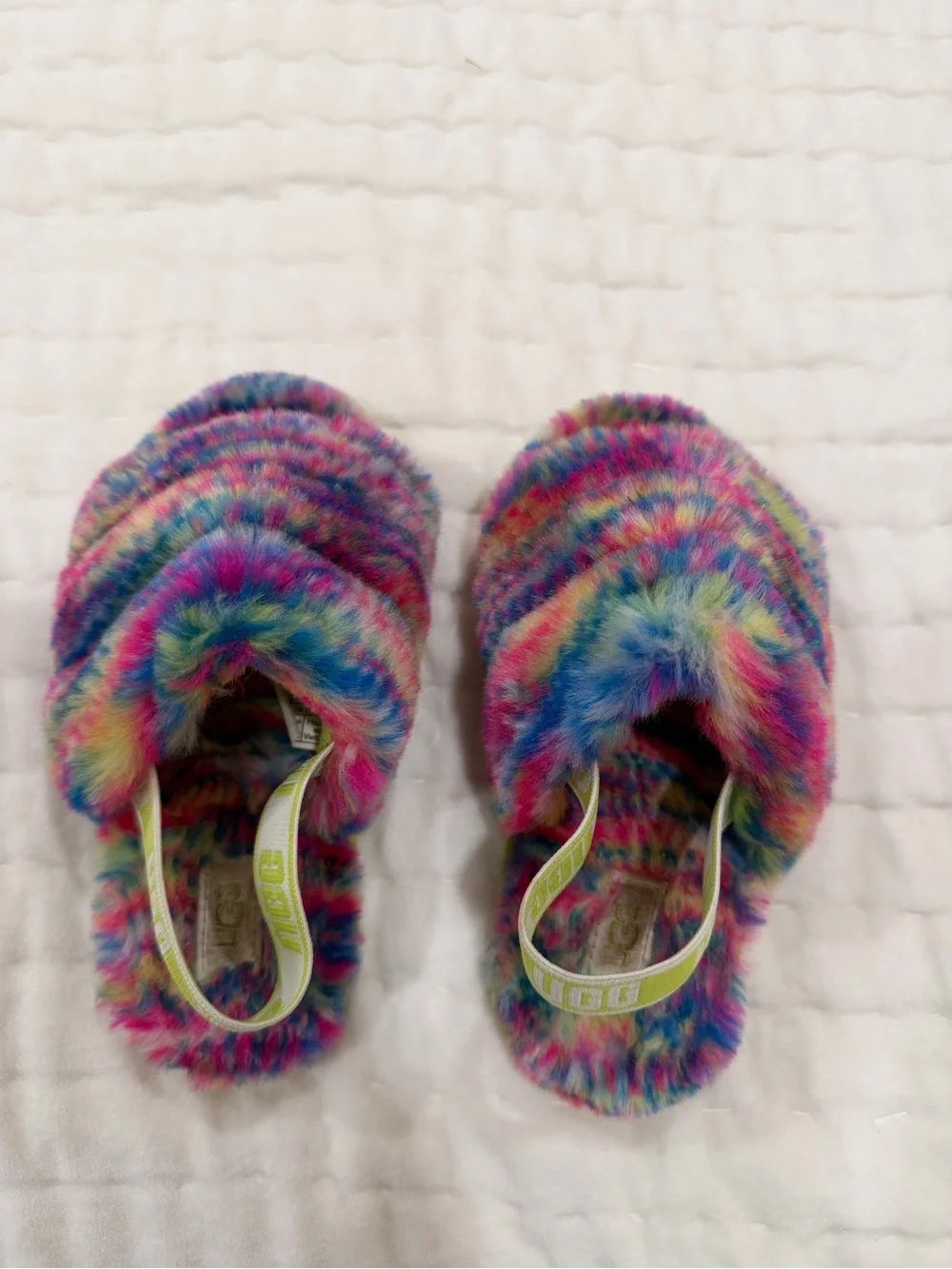 UGG Kids Multicolor Fuzzy Slide Slippers with Elastic Heel